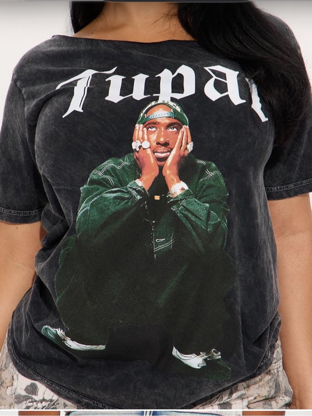 Fashion Nova Black Short-Sleeve Tupac Off The Shoulder Graphic Portrait Tee